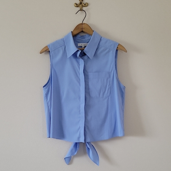 Milly Light Blue Sleeveless Button Down Shirt Tie Back Size 6 - Picture 1 of 9